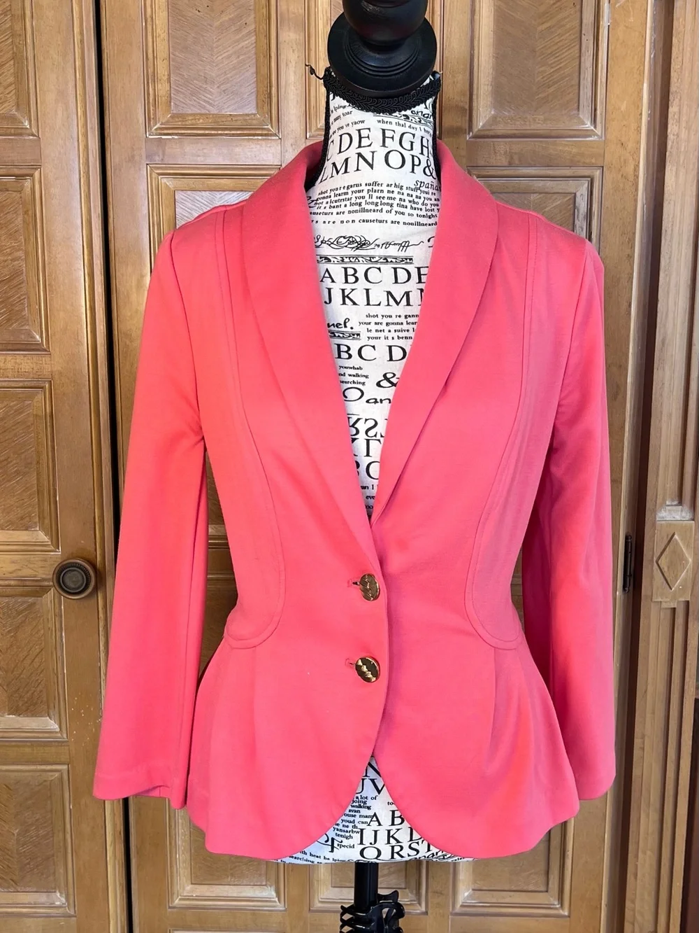 ELLE Small Coral Pink Peplum Blazer Gold Button Fitted Career Jacket - Picture 1 of 3